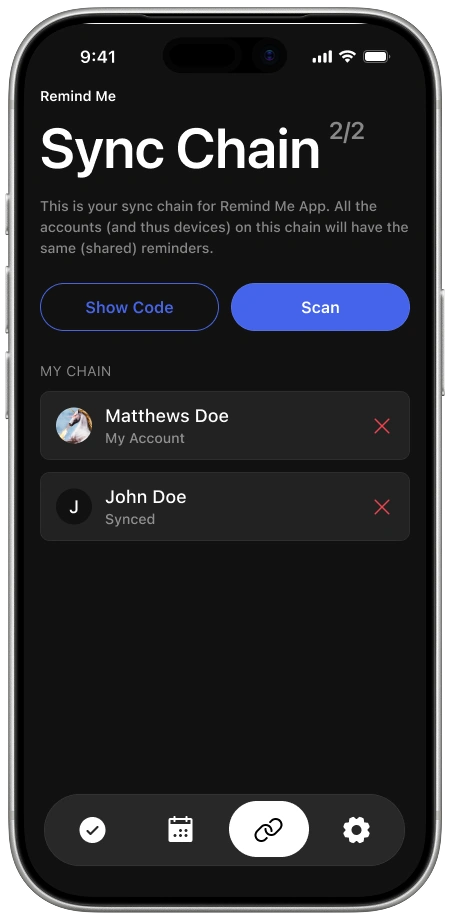 RemindNow sync chain screen